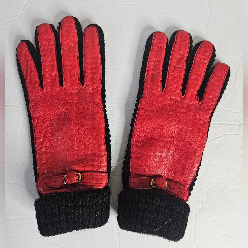 Red Leather Gloves With Black Knit Cuff